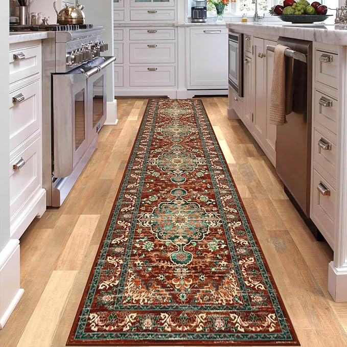 U'Artlines 2' x 10' Boho Hallway Runner Rug, Washable Carpet, Rust＆Teal | Non Slip, Vintage Farmhouse Accent Area Rug Carpet, for Kitchen Entryway Laundry and Living Room