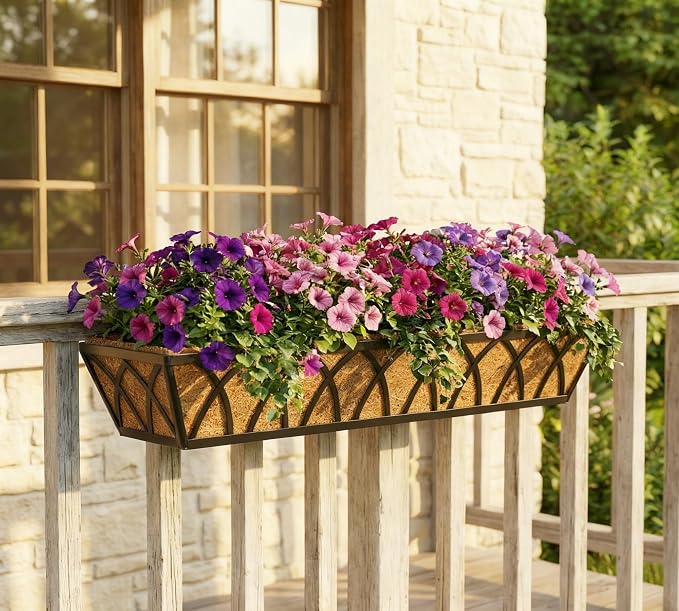 Y&M 2 Pack Hanging Railing Planter Boxes, 30 Inch Adjustable Balcony & Deck Planter, Heavy Duty Metal Flower Box for Porch, Fence & Window, Outdoor Plant Holder