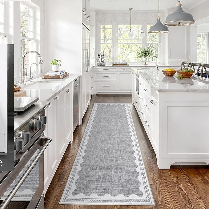 2x6 Scalloped Runners Grey Washable Hallways Bedroom Rug | Solid Non Slip Scalloped Bath Runner, Rugs for Bedroom Girls, Rugs for Kitchen Floor Soft Dorm Nursery Carpet for Bedside