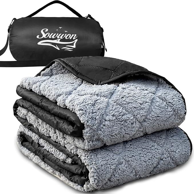 Waterproof Outdoor Blanket 92"x60" Large Sherpa Fleece 300GSM Black | Stadium Blankets for Camping, Packable, Windproof Emergency Throw for Grass Picnic Hiking Road Trip, Machine Washable