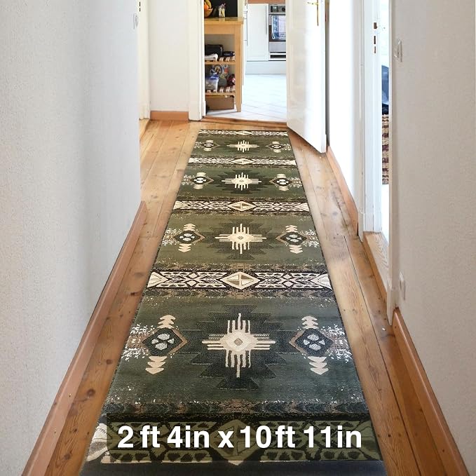 YHSF Southwest Native American Area Rug – Thick, Soft, Durable & Easy to Maintenance Tribal Design Boho Rug– Ideal for Bedroom, Living Room & Hallway - Sage Green, 2 Feet 4 Inches x 10 Feet 11 Inches