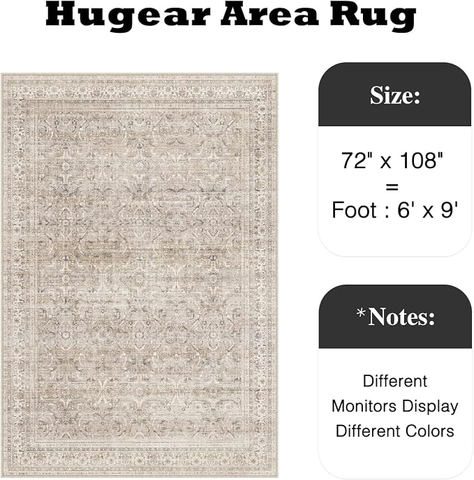 6x9 Beige Vintage Distressed Washable Area Rug for Living Room | Low Pile, Non Slip, Retro Style, Soft Distressed Indoor Rug for Living Room, Bedroom, Dining Room, Office, Home Decor