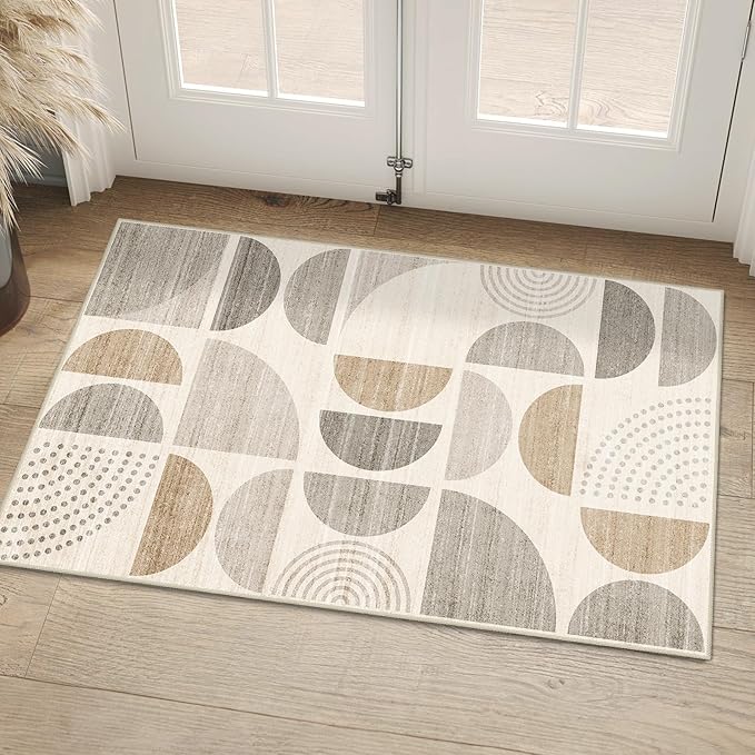 Boho Small Rug Washable,2x3 Area Rugs Non Slip Modern Abstract | Machine Washable Throw Carpet for Entryway Bathroom Entry Entrance Bedroom Kitchen Soft Low Pile Floor Indoor Neutral Beige