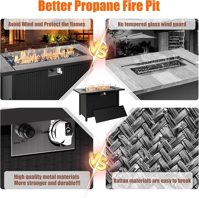 45 inch Propane Fire Pit Table, 50,000 BTU Outdoor Gas Fire Pit Table with Lid, Waterproof Cover, Rectangle Gas Firepit Table for Garden/Patio