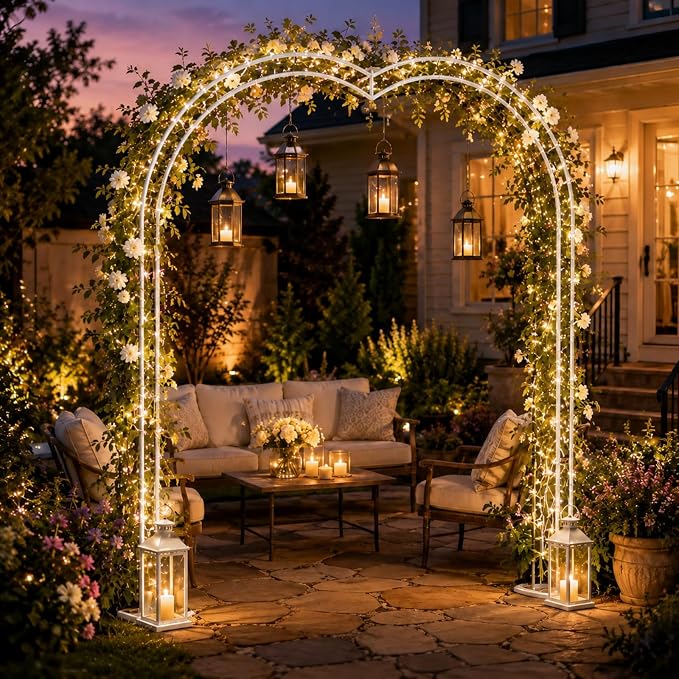 Metal Garden Arch, 98.5" W x 90.5" H Heavy Duty Metal Garden Arch Trellis for Climbing Plants (White, Arch)