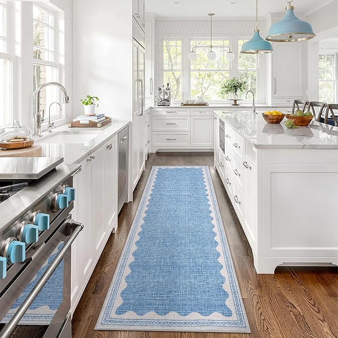 2.5x8 Scalloped Runners Blue Washable Hallways Bedroom Rug | Solid Non Slip Scalloped Bath Runner, Rugs for Bedroom Girls, Rugs for Kitchen Floor Soft Dorm Nursery Carpet for Bedside
