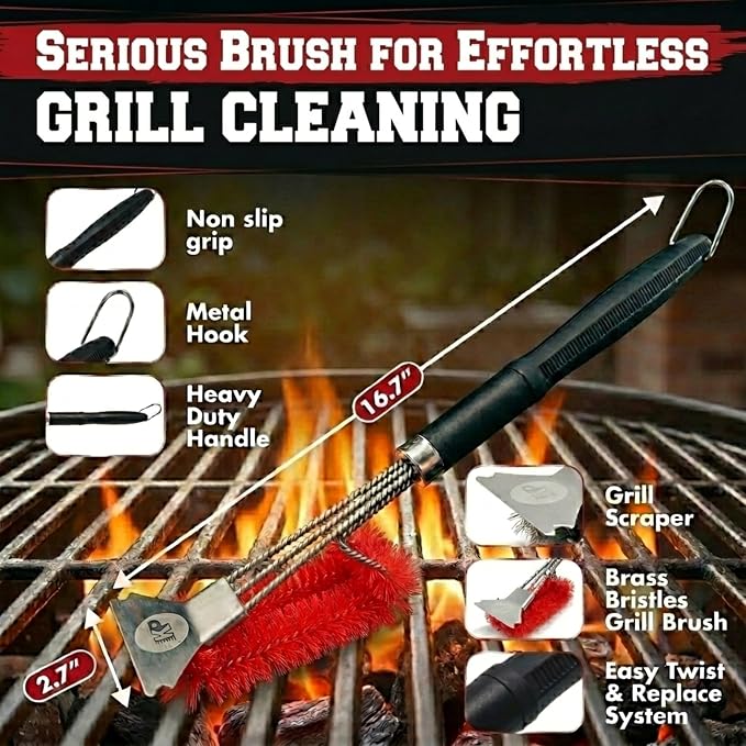 Kitchen Perfection Nylon BBQ Grill Cleaning Brush and Scraper -GrillSaver | Safe Nylon Wire Bristles for Porcelain & Ceramic Grates, Replaceable Head, Magnetic Hanger, Bottle Opener & 3 Ebooks