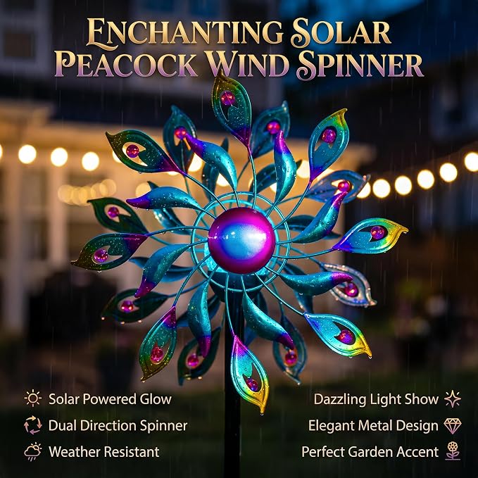 Solar Wind Spinner Outdoor Kinetic Garden Decor with LED Light Ball | Colorful Metal Wind Spinner Creates Stunning Yard Art With Rotating Petals, Perfect For Patio, Lawn, Pathway And Backyard