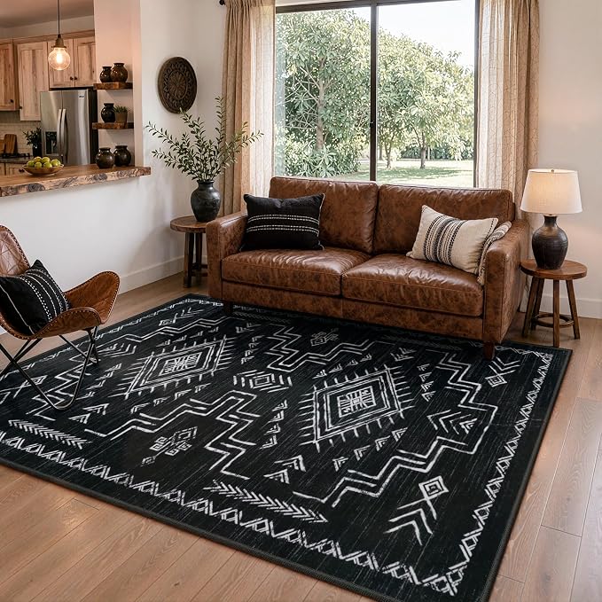 STARUIA Moroccan Washable 5x7 Area Rugs, Black Western and Aztec Tribal Boys Neutral Rug for Living Room, Soft Non-Slip Stain Resistant Large Carpet for Bedroom Dining Table Office