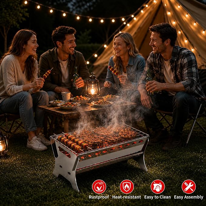 Portable Charcoal Grill, Stainless Steel Folding BBQ Grill, Heavy Duty Camping Fire Pit, Tabletop Charcoal Grills for Outdoor Cooking, Picnic, Tailgate, Beach, Backyard, 17 * 10.3 * 8.7 inch