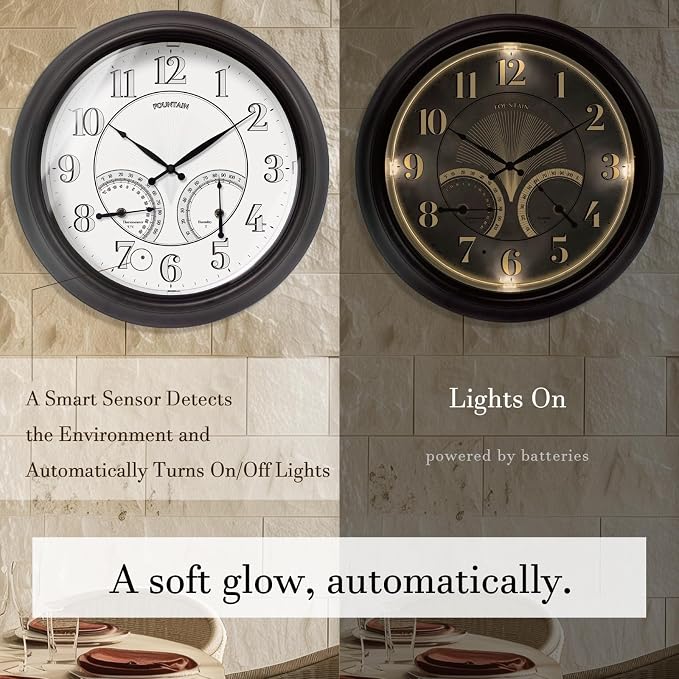 18 Inch Illuminated in/Outdoor Clock with Smart Sensor and Night Light, Waterproof, Large Wall Clock with Thermometer & Hygrometer for Patio,Pool and Garden Decor,Oil Rubbed Bronze