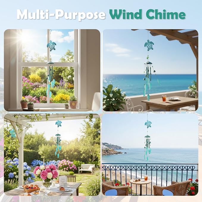 Sea Turtle Glass Windchimes Unique Metal Wind Chimes for Outside Pendant | Sea Turtle Ornament Memorial Windchimes Outdoors, Outdoor Metal Wind Chimes, Home Gifts for Women, Patio Porch Garden Decor