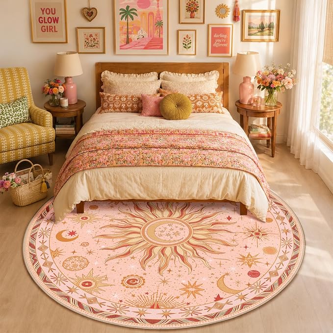 Vacuum-Friendly, Round 8ft Washable Area Rug, Pink Gold Beige Red | Sun and Moon Boho Gothic Non-Slip Low Pile Living Roon Bedroom Dining Room Kitchen Entry Entryway Entrance Hallway Doormat