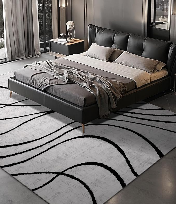 Modern Rugs 6x9, Washable Black and White Area Rug, Thin Abstract Geometric Minimalist Striped Rug, White Rugs for Living Room,Bedroom,Kitchen,Dining Room,Office
