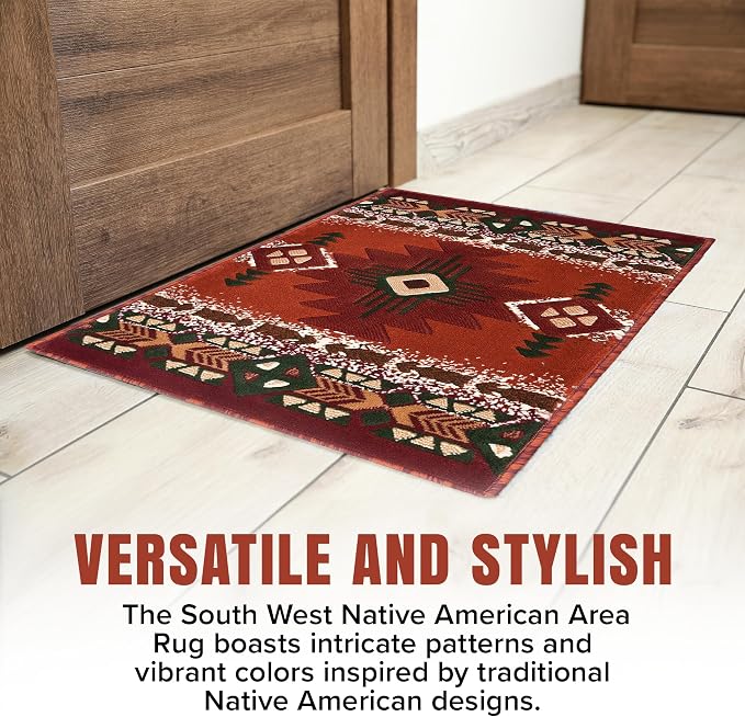 YHSF Southwest Native American Area Rug – Thick, Soft, Durable & Easy to Maintenance Tribal Design Boho Rug– Ideal for Bedroom, Living Room & Hallway - Rust, 2 Feet x 3 Feet 4 Inches