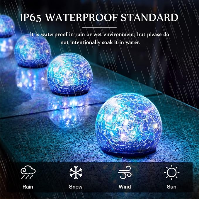 Honoson 4 Pcs Decorative Solar Globe Lights Outdoor Waterproof, 3.9 Inch | LED Cracked Glass Solar Garden Orbs and Ball Lights for Pathway, Walkway, Lawn, Patio, Yard and Backyard Decorations