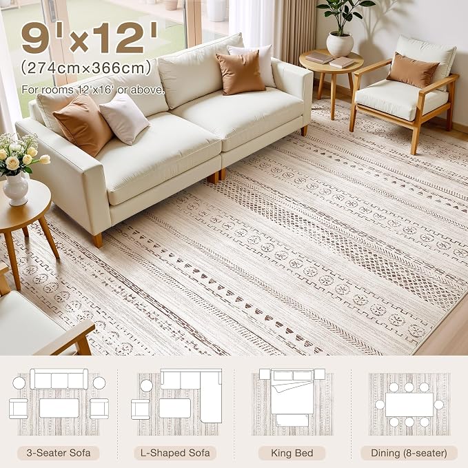 kakania Washable 9x12 Area Rug for Living Room: Boho Geometry Home Decor | Soft Stain Resistant, Low-Pile, Non-Slip, Pet & Kid Friendly, Thin Rug for Bedroom/Dining Room/Kids Dorm - Brown