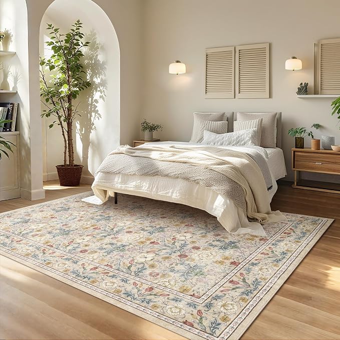 GarveeHome Beige Washable Area Rug 5x7, Retro Floral Low Pile Non Slip Living Room Rug Soft Cottage Core Rug Farmhouse Indoor Carpet for Bedroom Dining Room Playroom