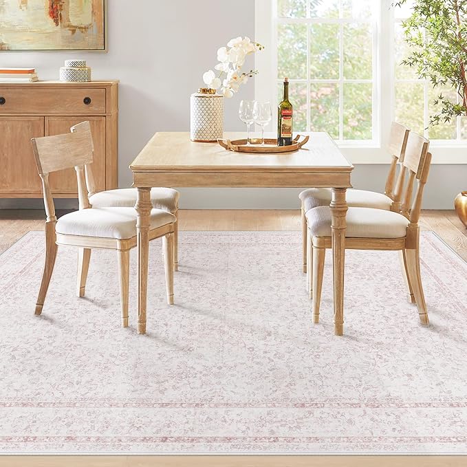 6x9 Area Rugs for Living Room: Washable Vintage Floral Rug Low Pile Non-Slip Boho Carpet for Nursery Bedroom Dining Room (Pink, 6'x9')