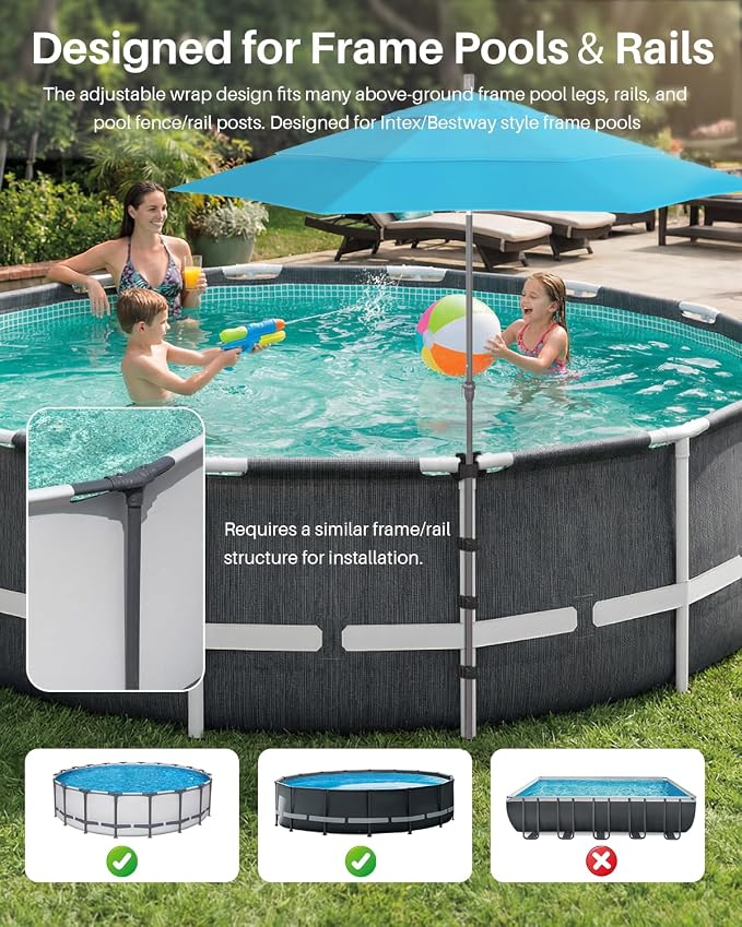 No-Drill Above-Ground Pool Umbrella Tie-Down Straps, Cross-Stabilizer Strap Design, Helps Reduce Wobble & Lean on Pool Frame Rails, Suitable for Intex/Bestway Frame Pools and Most Swimming Pools