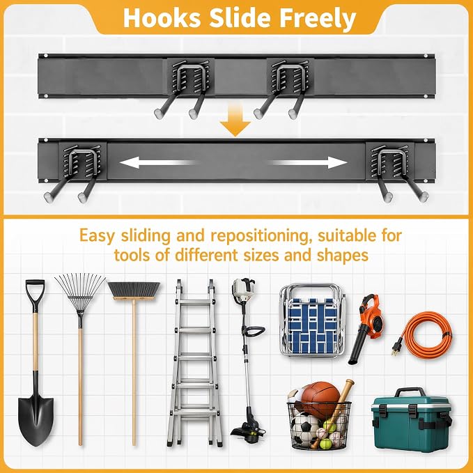 CBWLWJ Garage Tool Organizer Wall Mount, 64 inch Garage Wall Organizer, 680lbs Sturdy Garden Tool Organizer with 11 Adjustable Hooks, for Yard, Shed, Basement, Workshop(Black)