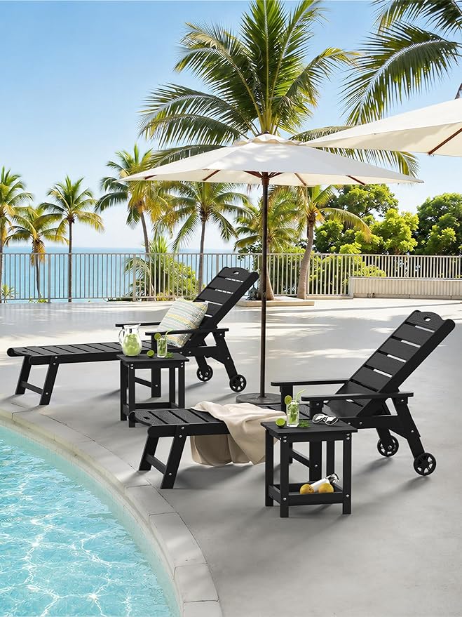 LUE BONA Outdoor Side Table, 2-Tier HDPE Small Outdoor End Table with Rail for Patio, Deck, Poolside, Low Maintenance & Weather Resistant, Black