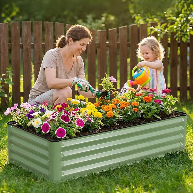 2 Pack 4x2x1 Ft Galvanized Raised Garden Bed, Green | Patented Leak-Proof, Metal Planter Box, Outdoor Kits, For Veggies, Herbs & Flowers