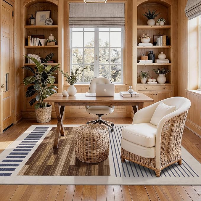 5x7 Washable Area Rug for Living Room, Modern Geometric, White Brown Black | Abstract Striped Color Block, Ivory Low Pile Non Slip Rug for Bedroom Dining Room Office, Soft Faux Wool