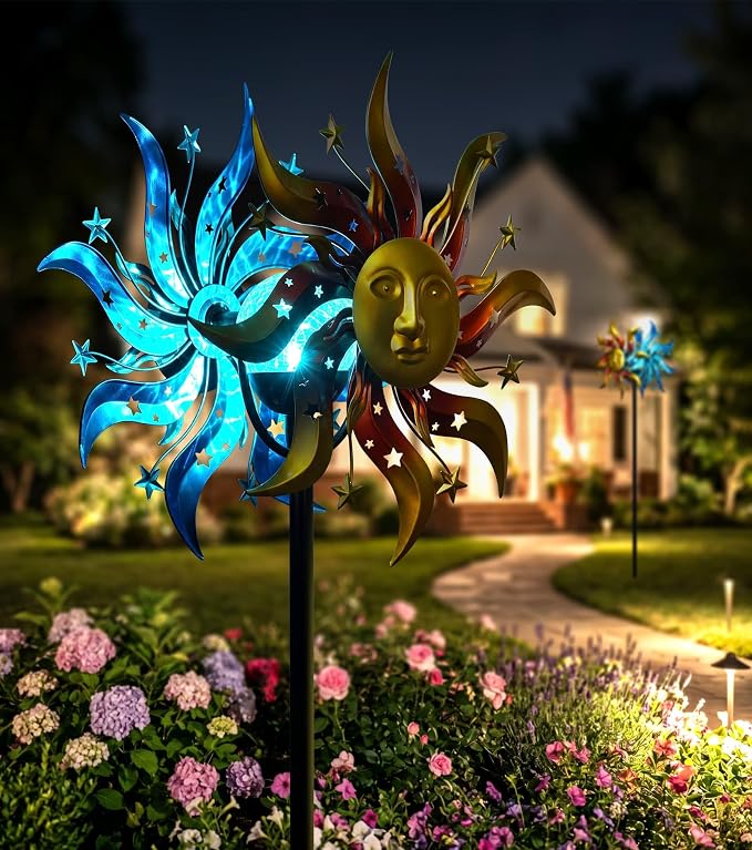 Solar Wind Spinner Metal Sun God Kinetic LED Garden Yard Art Decor | Hand-Crafted Art, Mythic sun god metal spinner, Auto-glow solar crackle ball, Stable 5-prong stake