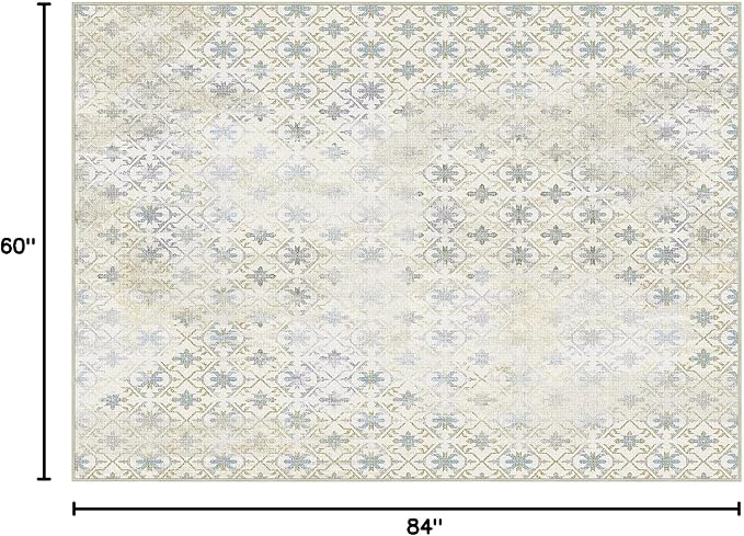 Phantoscope Geometry Collection Area Rug 5'x7' for Living Room - Washable Rug Large Boho Carpet Non-Slip for Bedroom Dining Room, Indoor Low-Pile Neutral Distressed Accent Rug, Teal Floral/Beige