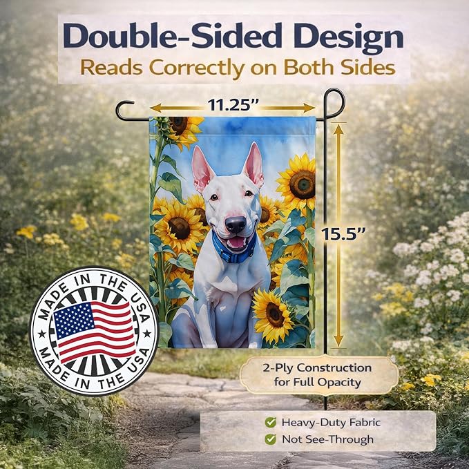 Caroline's Treasures DAC6071GF English Bull Terrier in Sunflowers Garden Flag Mailbox Flag Decorative Yard Flag Banner Outside Patio Artwork Yard Flower Beds, Garden Size, Multicolor