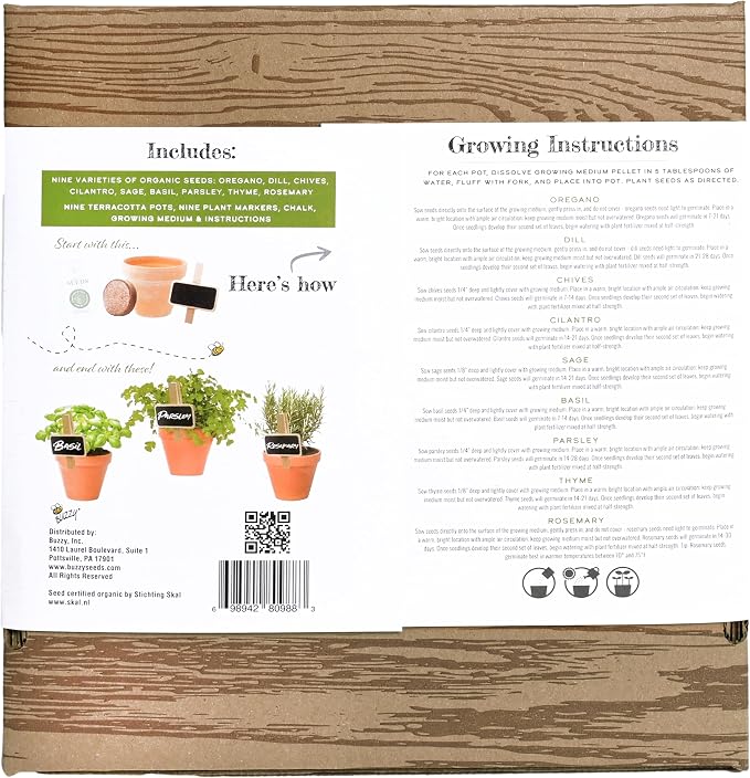 Buzzy Seeds Organic Herb Garden Kit 9-Pack - Mini Terracotta Pot Grow Set - Complete Indoor/Outdoor Gardening Kit with Seeds, Coconut Husk Growing Medium & Genuine Pots - 100% Grow Guarantee