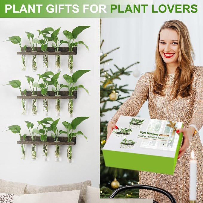 Renmxj Wall Hanging Plant Propagation Station 15 Glass Test Tubes - Brown | 3 Tiered Vase Planter for Hydroponic Home Garden Office Decor, Gardening Gifts for Women Plant Lover