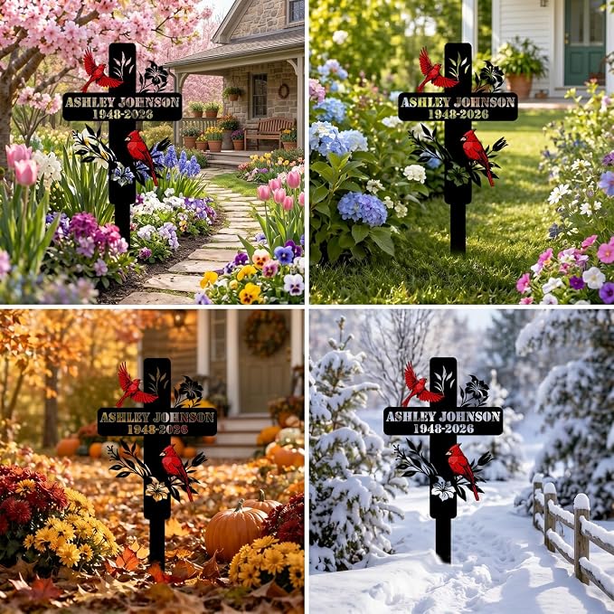 Personalized Cardinal Garden Sign with Stakes, Custom Name Sign, Yard Decor Outdoor, Memorial Gift for Mom, Garden Plaque Sympathy Gifts, loss loved Ones Cross Sign