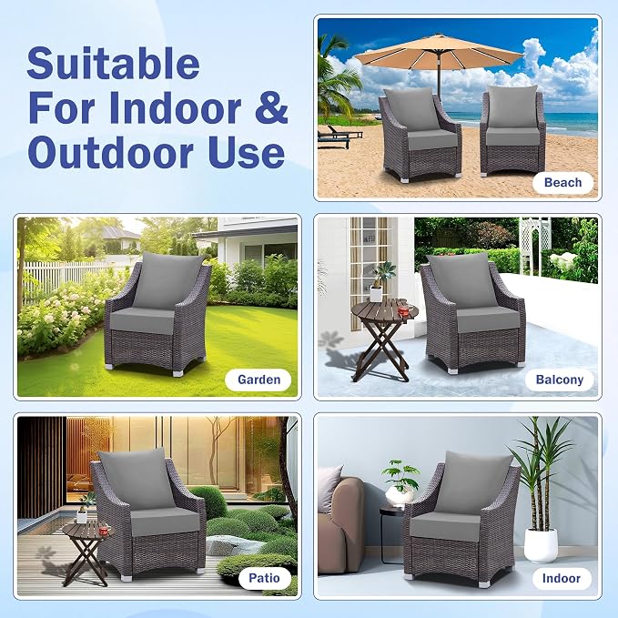 Outdoor Chair Cushions, 24 x 24 Inch Outdoor Cushion for Patio Furniture, Patio Chair Cushion, Waterproof & Fade Resistant Deep Patio Furniture Cushions Set with Handle and Ties, Grey (Set of 4)
