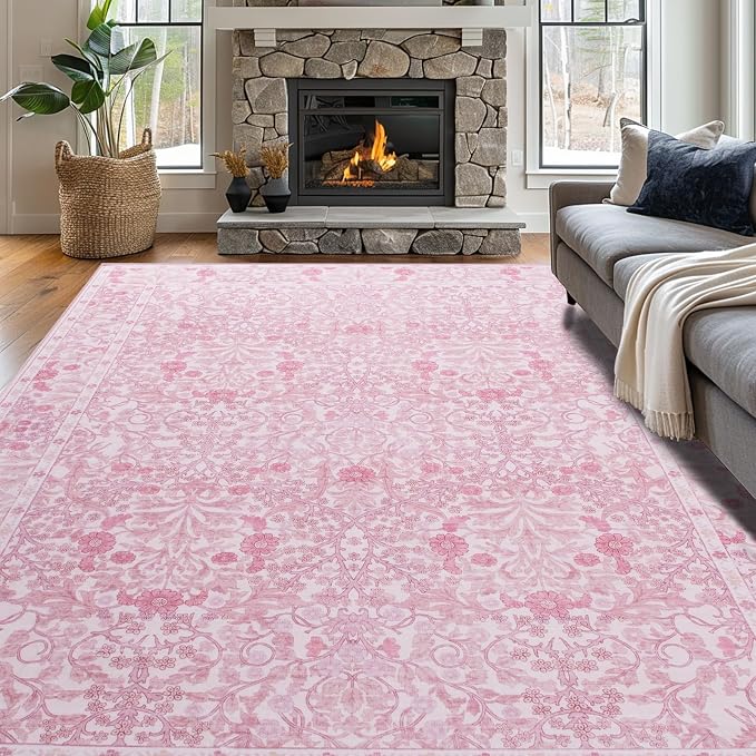 Vintage Pink Living Room Rug, 9x12 Washable Area Rugs for Dining Room Under Table, Soft Low Pile Large Carpet Bedroom, Non-Slip Boho Floral (9 x 12 Pink)