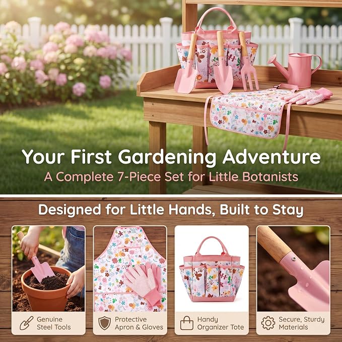 Ecolley Kids Gardening Tool Set Toys - 7 Pieces Quality Garden Kit for Toddlers & Kids with Shovels, Rake, Watering Can, Apron, Gloves & Storage Bag (Pink Flower)