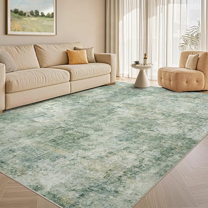 Tortania Washable 7x9 Area Rug for Living Room: Modern Abstract Neutral Large Soft Thin Rugs - Non Slip Indoor Carpet for Bedroom Dining Room Office Nursery Home Floor Decoration - Olive Green