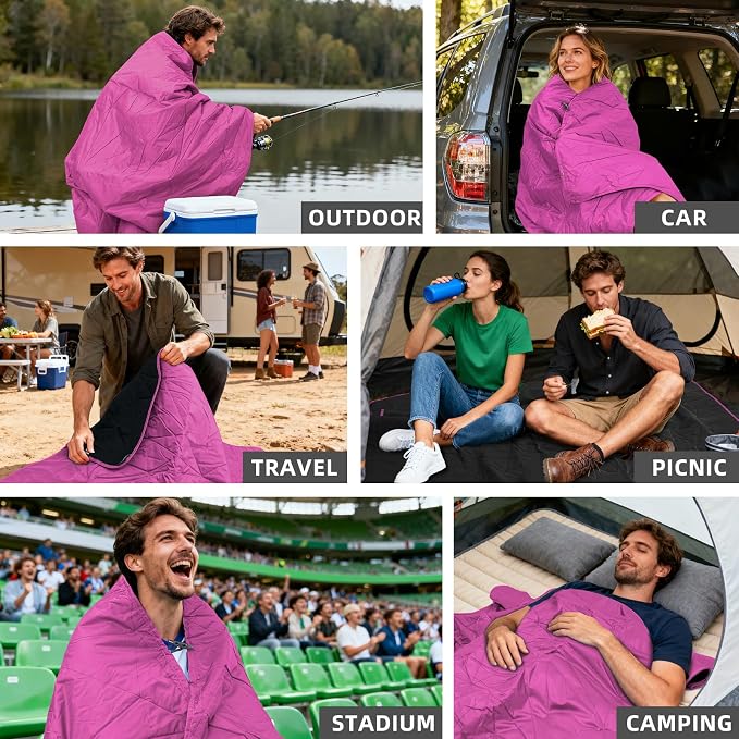 Large Waterproof Outdoor Blanket Thick Fleece 80" x 58" | Windproof Stadium Blanket, Wearable Poncho, Machine Washable for Camping, Car, Pet, Picnics - Rose Purple
