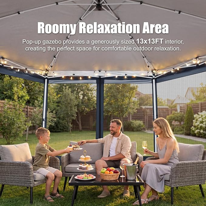 COBIZI 14x14 Pop Up Gazebo Tent with Mosquito Netting, Gazebos on Clearance, Hexagonal Outdoor Canopy Shelter, Patented Center Lock 6-Sided Portable Gazebos, Pop Up Canopy Tent for Backyard, Gray