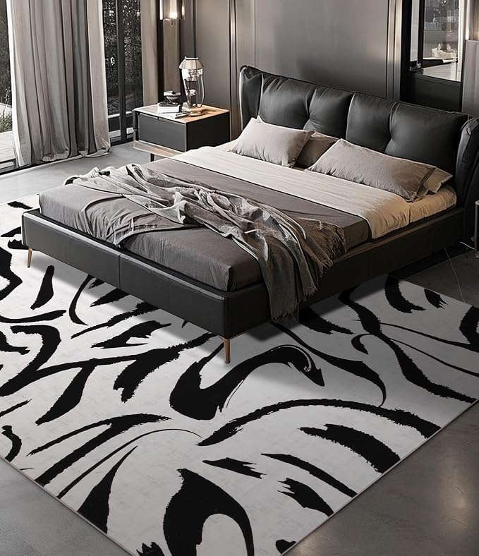 Modern Rugs 6x9, Washable Black and White Area Rug, Thin Abstract Geometric Minimalist Striped Rug, Black Rugs for Living Room,Bedroom,Kitchen,Dining Room,Office