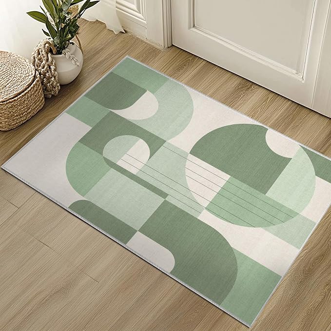 2x3 Green and White Geometric Boho Rug for Bathroom Entryway Abstract Area Rug Machine Washable Mat Non-Slip Small Carpet for Bedroom Kitchen Indoor