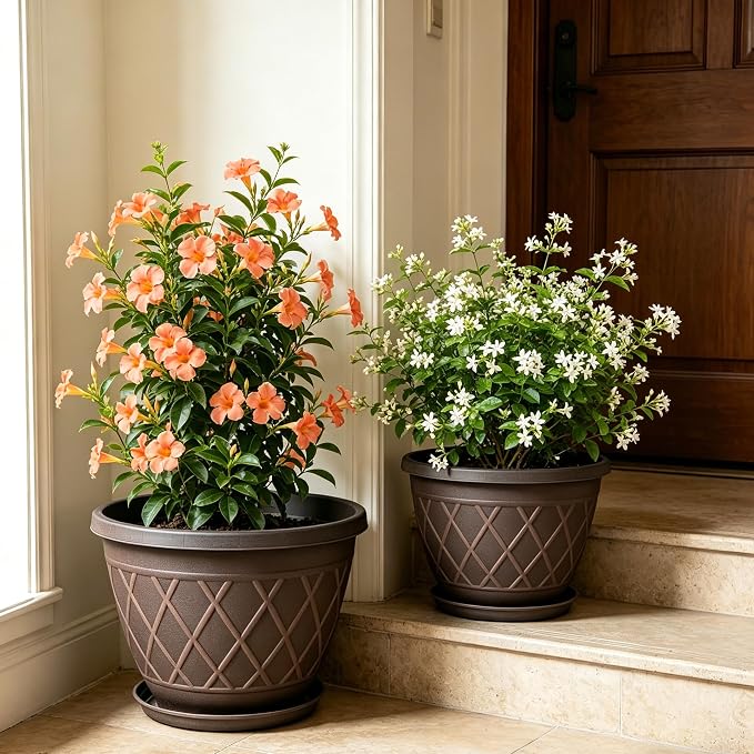 4 Pack 16 Inch Large Plant Pots, Plastic Flower Pots for Indoor & Outdoor with Drainage Holes & Saucer, Imitation Diamond Pattern Design Planters Garden Pots for Herbs (Brown)
