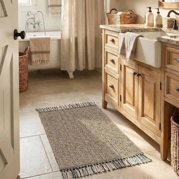 Small Bathroom Rug 2' x 3', Modern Farmhouse Kitchen Rugs | Hand Woven Washable Entryway Rugs, Natural/Black Boho Low Profile Front Door Mat Braided Carpet for Back Porch Bedroom Decor