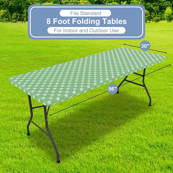 misaya Rectangle Vinyl Table Cloth, Elastic Fitted Tablecloth with Flannel Backing, Waterproof Plastic Table Cover Fits 8 Foot Folding Tables for Picnic, Camping and Outdoor (Sage Green, 30" x 96")