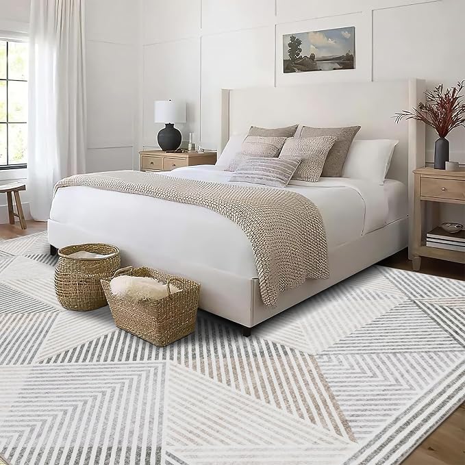 Machine Washable Area Rug - Living Room Bedroom Bathroom Kitchen Entryway Office - Padded Low Pile Stain Resistant Premium - Modern Geometric Contemporary - Miles - Beige 5' x 7'