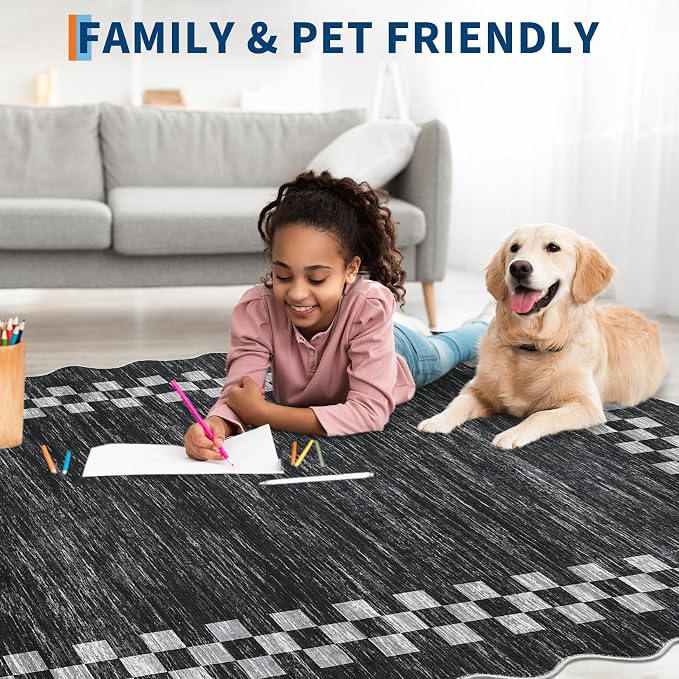 GarveeHome Rug Runners for Hallways 2x8 Washable Kitchen Runner Rug | Non Slip Low Pile Throw Carpet Modern Bordered Runners Checkered Area Rug for Living Room Bedroom Entryway Nursery, Grey