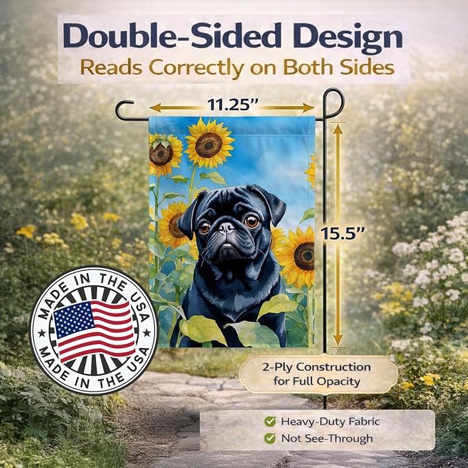 Caroline's Treasures DAC6144GF Pug in Sunflowers Garden Flag Mailbox Flag Decorative Yard Flag Banner Outside Patio Artwork Yard Flower Beds, Garden Size, Multicolor