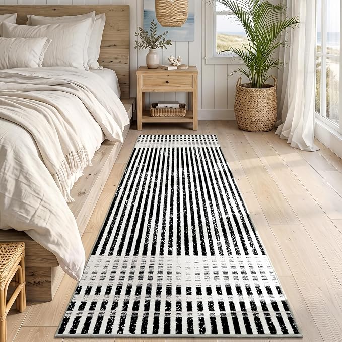 Washable 2x6 Modern Striped Area Rug, Abstract Runner for Hallway,Kitchen | Black Beige, Soft Low Pile, Skin Friendly, Non-Slip for High Traffic, Laundry Vintage Braided Paid Style Home Decor