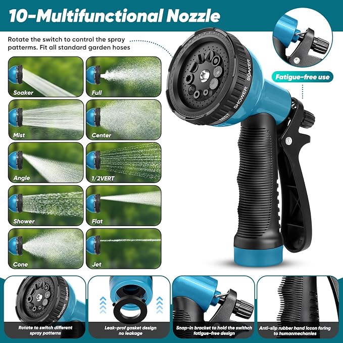 Garden Hose 50FT Non-Expanding, Lightweight Hose With 10-Function Nozzle, Leak-Proof, No-Knot, Easy to Carry, Wear-Resistant, Sturdy 3/4GHT Flexible Water Hose for Yard Garden Outdoor